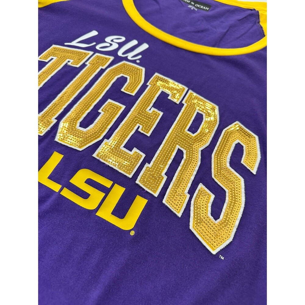 LSU Tigers Women’s Top M Purple Gold Sequin Raglan 3/4 Sleeve Shirt Football - Picture 4 of 10
